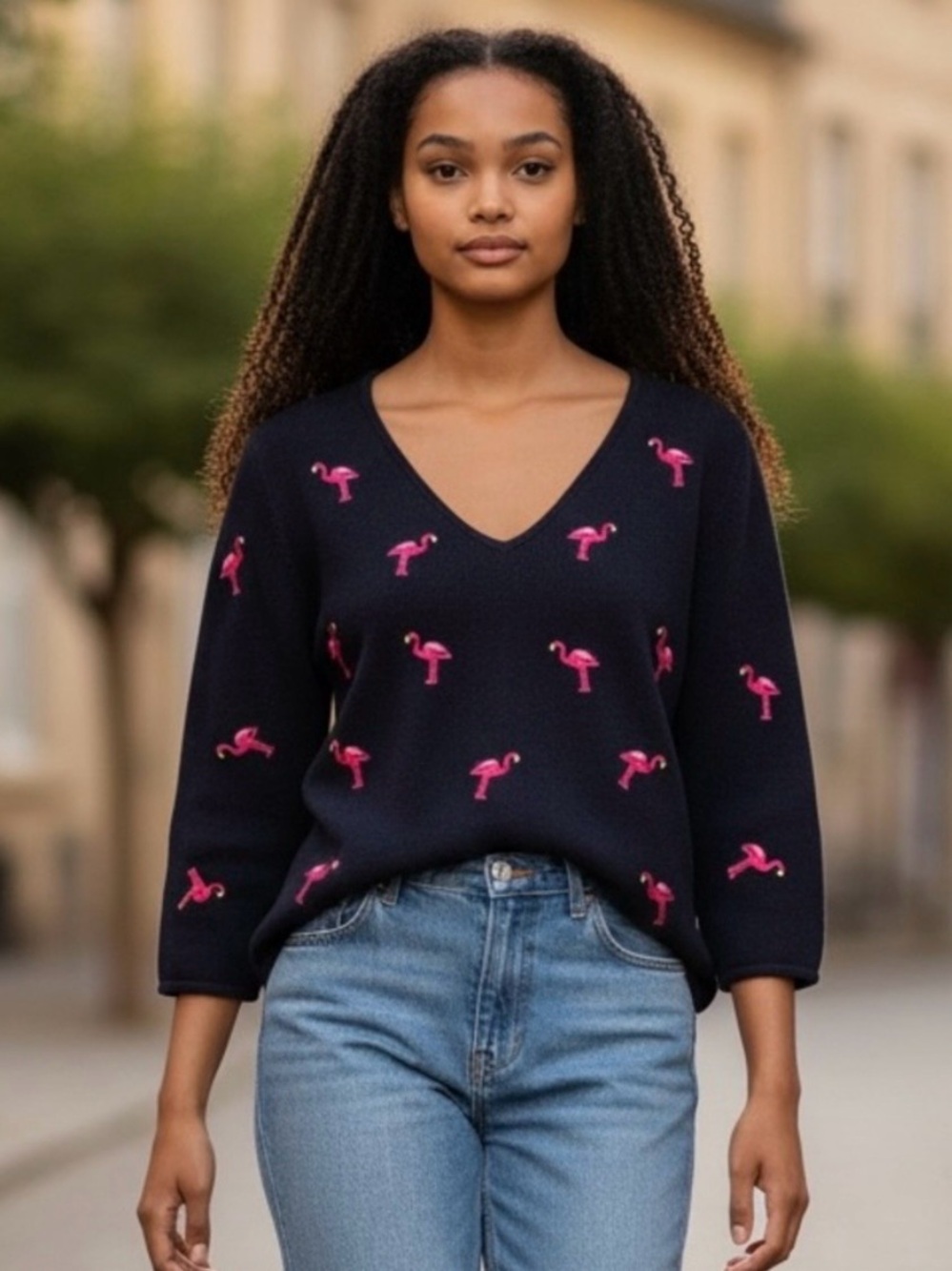 Vintage Flamingo Embroidered Black Sweater Sz M Grandmacore Trinket Novelty